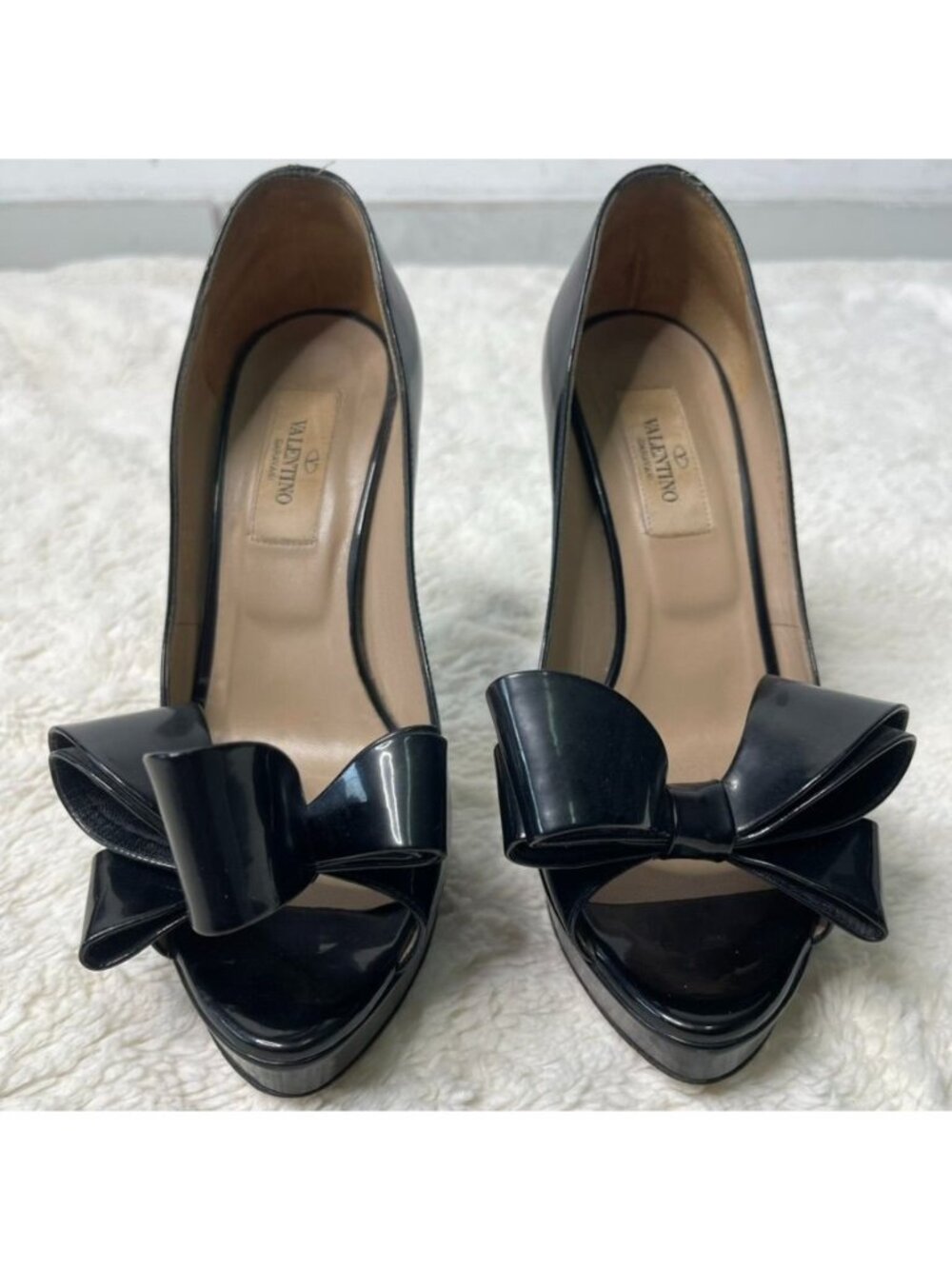 Valentino Garavani Black Patent Leather Couture Bow Peep Toe Platform Pumps 36